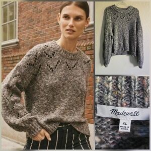 Madewell Pointelle Bubble-sleeve Pullover Sweater Size XL marled rock